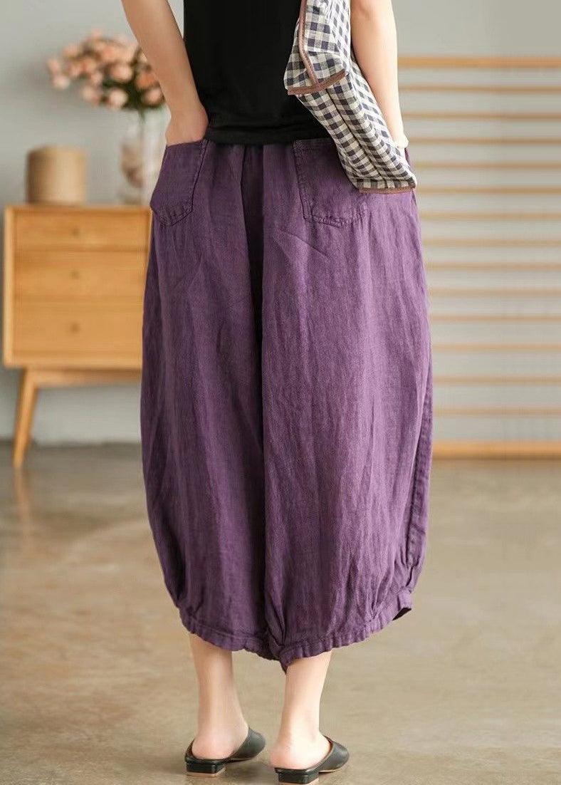 Plus Size Purple Pockets Elastic Waist Linen Crop Pants Summer VV043