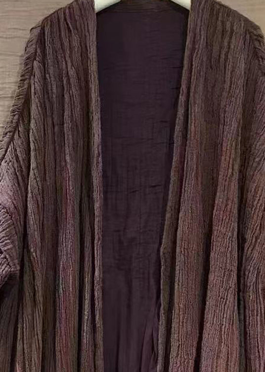 Plus Size Purple Solid V Neck Linen Cardigans Long Sleeve AA1063