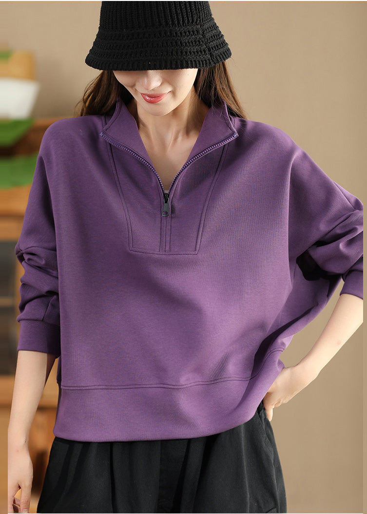 Pull en coton violet grande taille avec fermeture éclair, style streetwear, printemps TM043