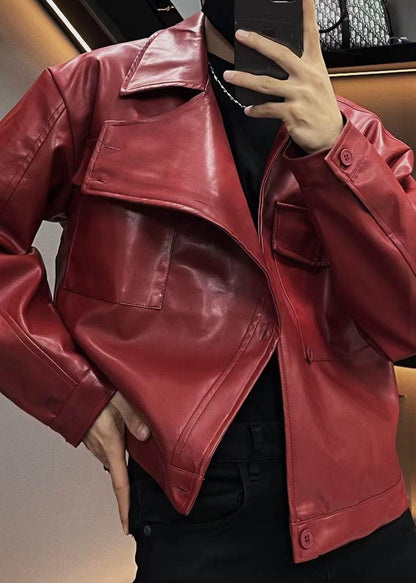 Plus Size Red Asymmetrical Button Faux Leather Mens Coats Spring RN019