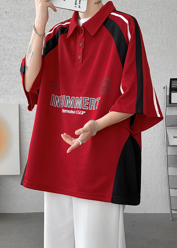 Chemise boutonnée en coton patchwork demi-lettre pour homme, grande taille, polo rouge