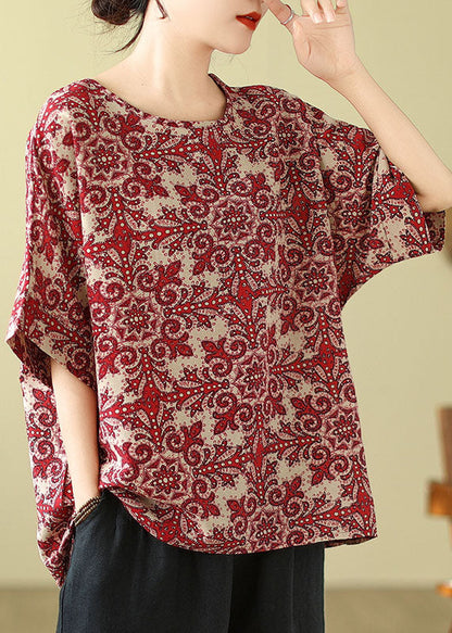 Plus Size Red O Neck Print Cotton Blouse Top Summer AP055