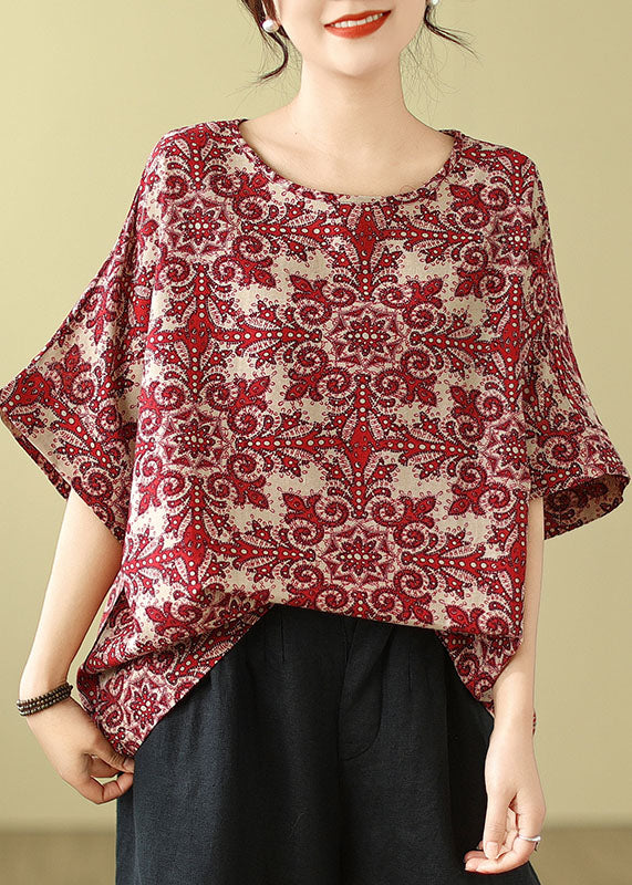 Plus Size Rote Bluse aus Baumwolle mit Rundhalsausschnitt und Print, Sommer-Top AP055