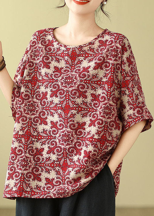 Plus Size Red O Neck Print Cotton Blouse Top Summer AP055