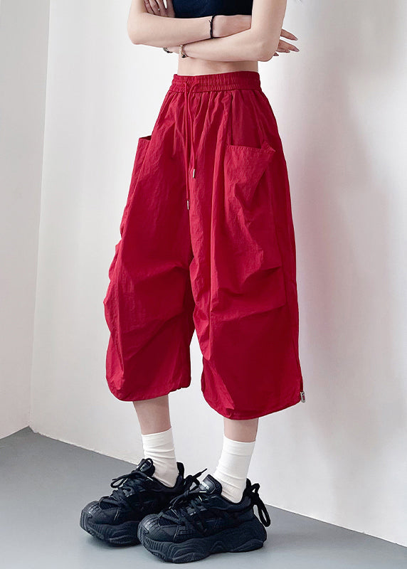 Crop Cotton Summer Size Pockets Pants Red Waist Plus Elastic