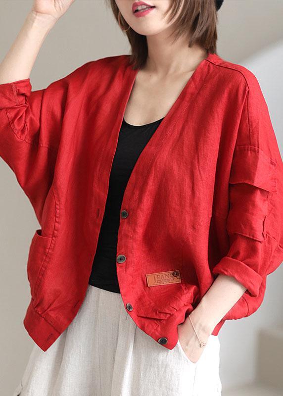 Plus Size Red V Neck Pockets Fall Coats Long sleeve QS050