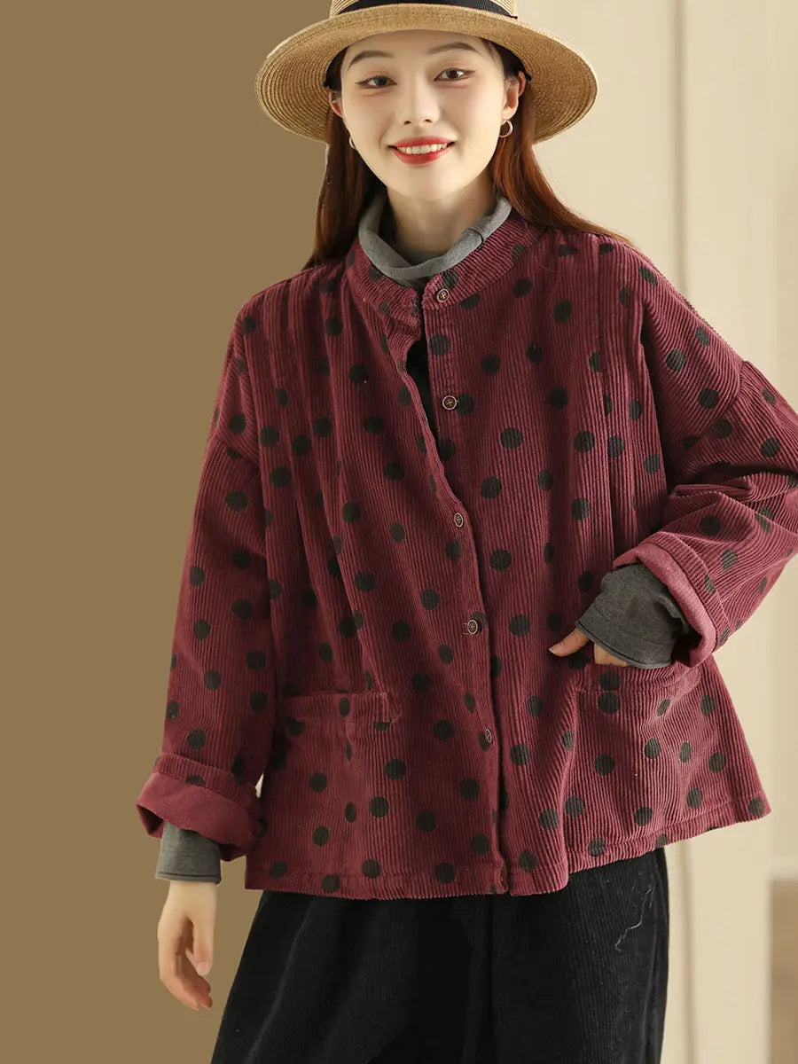 Plus Size Retro Dot Croduroy Stand Collar Shirt Coat Ada Fashion