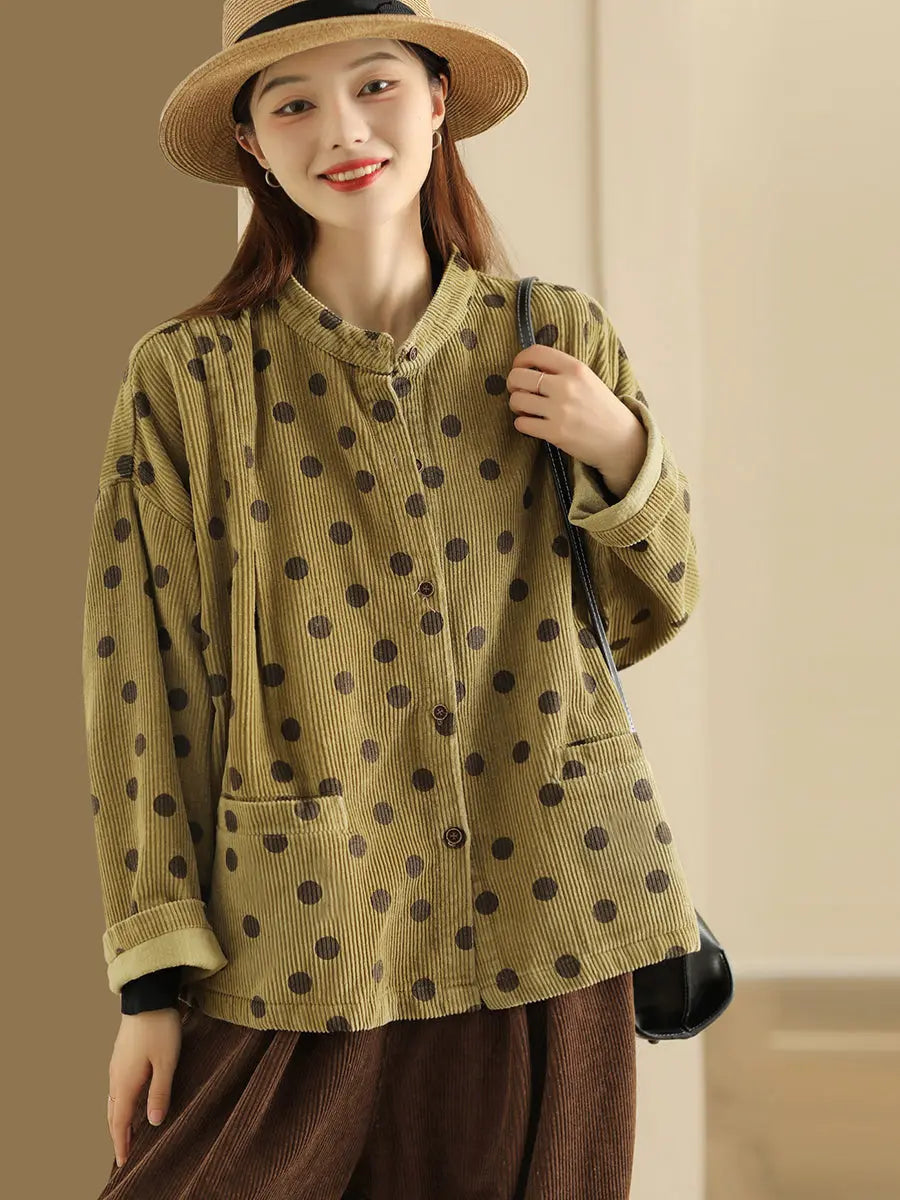 Plus Size Retro Dot Croduroy Stand Collar Shirt Coat Ada Fashion