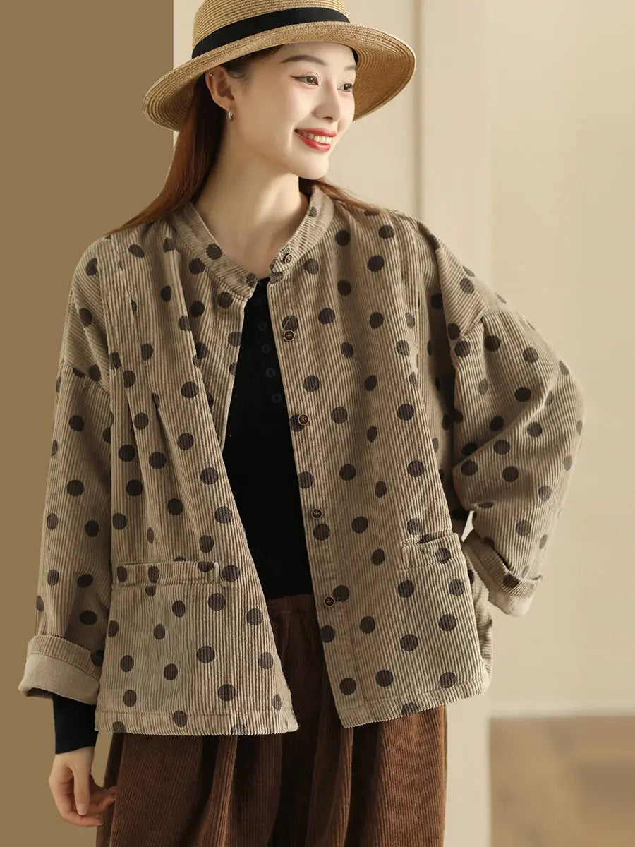 Plus Size Retro Dot Croduroy Stand Collar Shirt Coat Ada Fashion