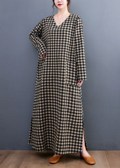 Plus Size V Neck Plaid Pockets Cotton Long Dress Summer AP007