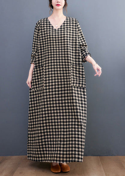 Plus Size V Neck Plaid Pockets Cotton Long Dress Summer AP007