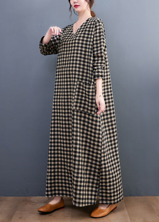 Plus Size V Neck Plaid Pockets Cotton Long Dress Summer AP007