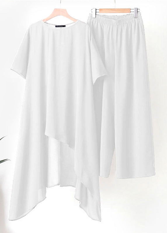 Plus Size White Asymmetrical Top And Wide Leg Pants Two Pieces Set Short Sleeve TR020