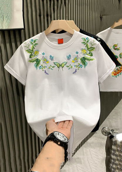 Plus Size White Embroideried Solid Cotton Mens Neutral Tshirt Summer LK043