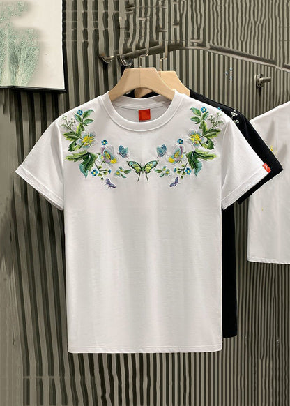 Plus Size White Embroideried Solid Cotton Mens Neutral Tshirt Summer LK043