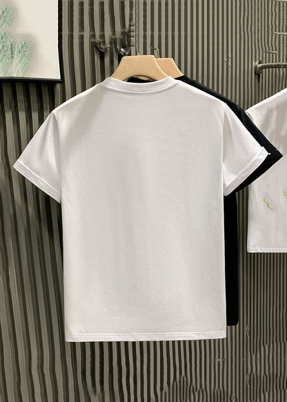 Plus Size White Embroideried Solid Cotton Mens Neutral Tshirt Summer LK043