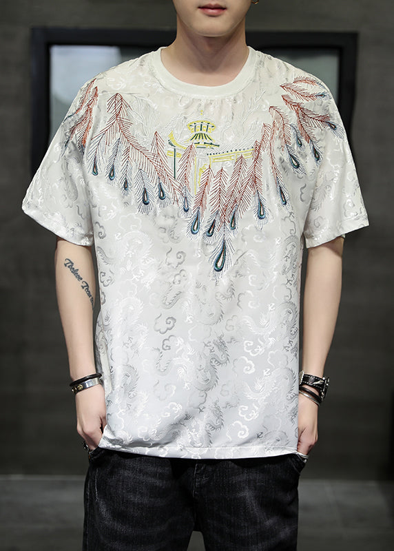 Plus Size White O-Neck Embroideried Ice Silk Men T Shirt Summer HG005