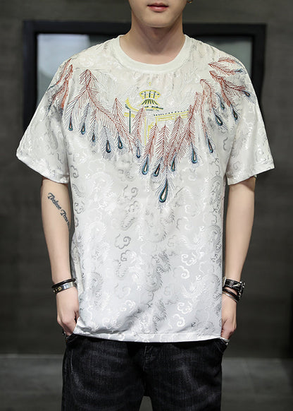 Plus Size White O-Neck Embroideried Ice Silk Men T Shirt Summer HG005