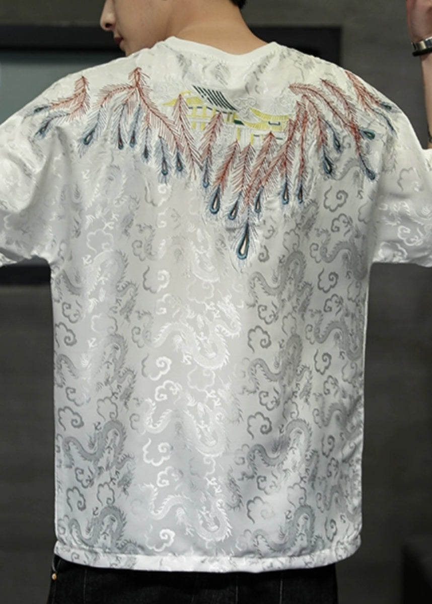 Plus Size White O-Neck Embroideried Ice Silk Men T Shirt Summer HG005