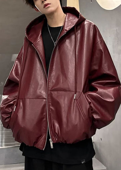 Plus Size Wine Red Hooded Zippered Faux Leather Men Coat Spring RN020