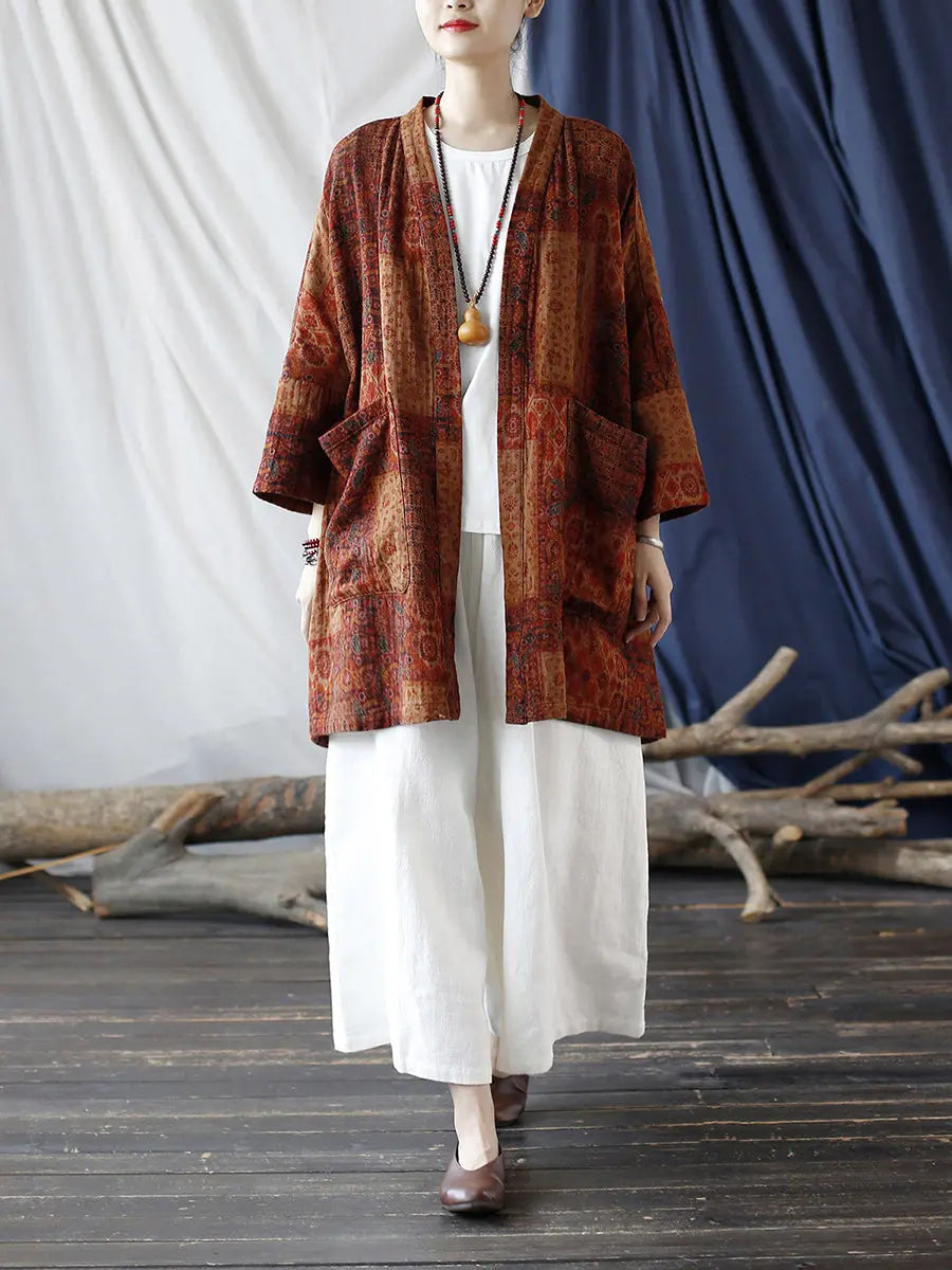 Plus Size Women Autumn Ethnic Pocket Loose Print Loose Coat Ada Fashion