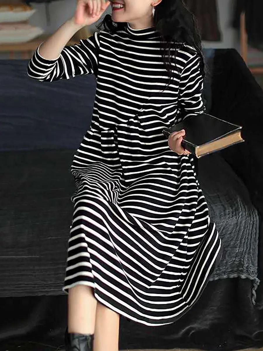 Plus Size Women Autumn Stripe Turtleneck Cotton Dress Ada Fashion