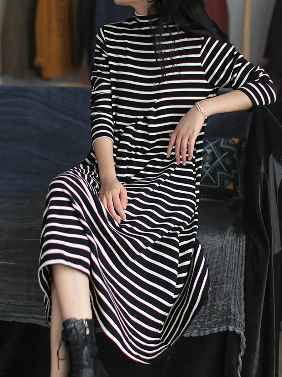 Plus Size Women Autumn Stripe Turtleneck Cotton Dress Ada Fashion