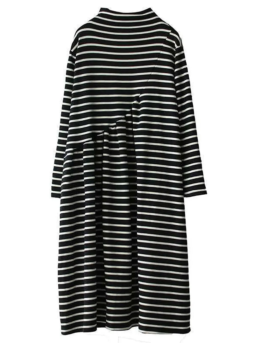 Plus Size Women Autumn Stripe Turtleneck Cotton Dress Ada Fashion