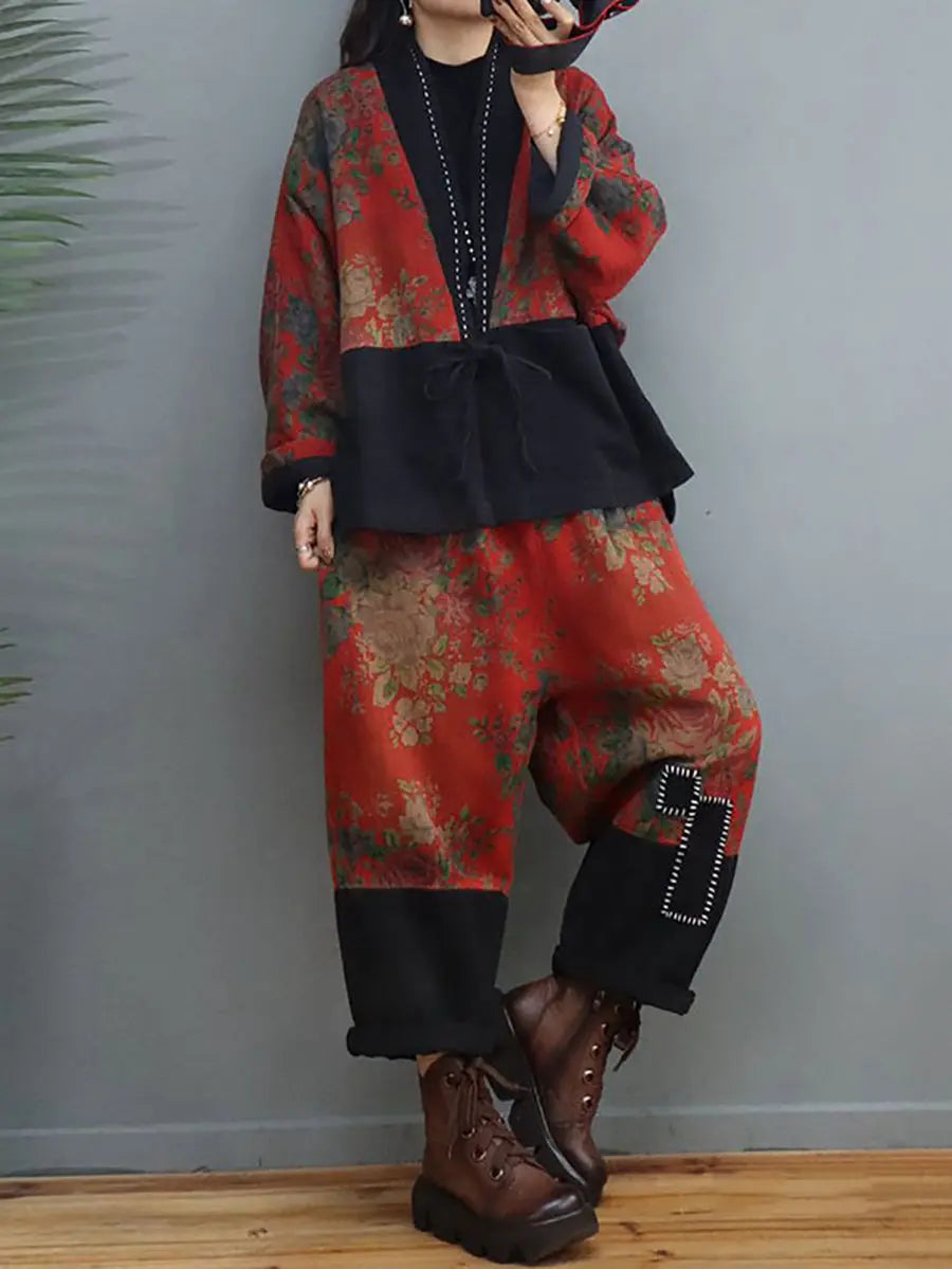 Plus Size Women Ethnic Floral Spliced Stitching Suits Ada Fashion