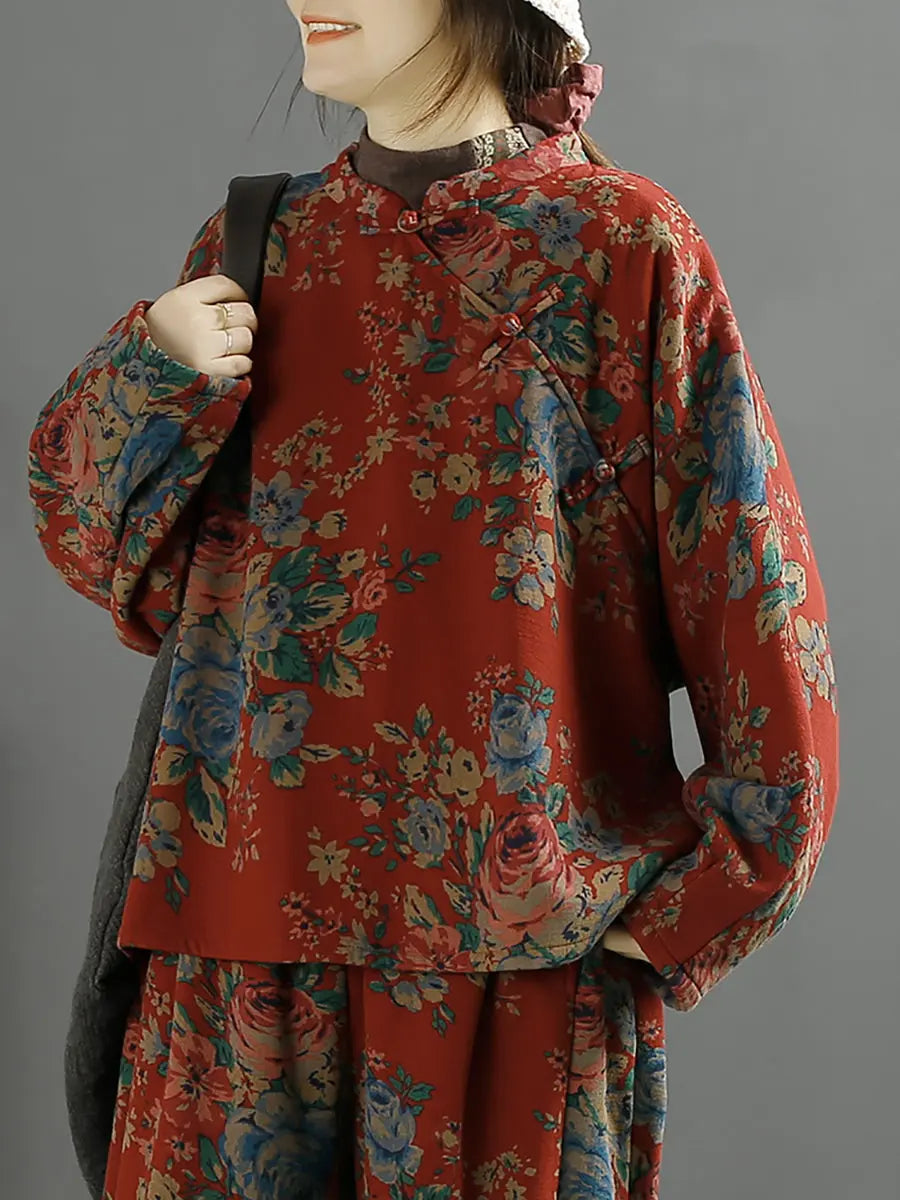 Plus Size Women Ethnic Flower Loose Slanted Shirt Ada Fashion