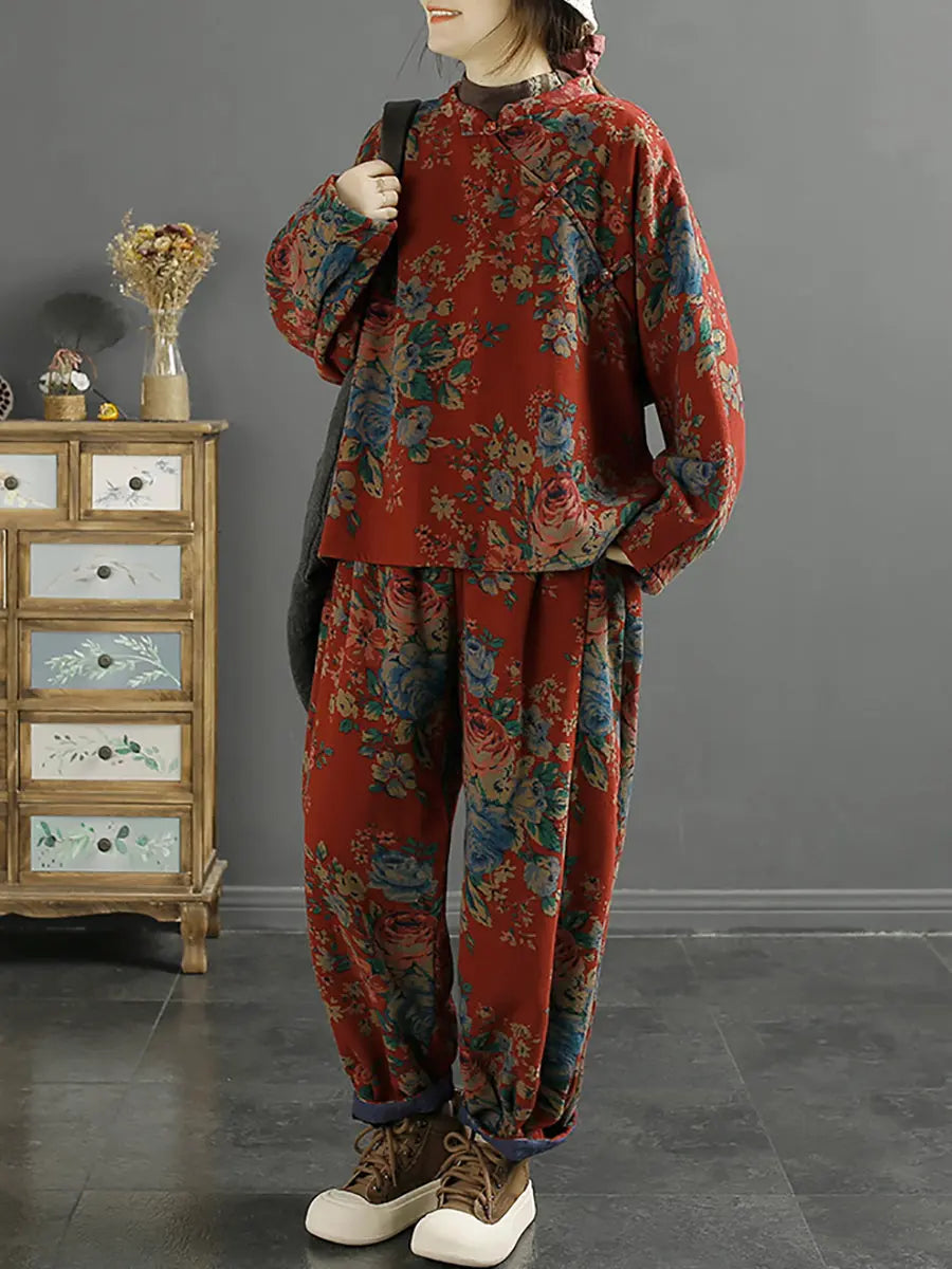 Plus Size Women Ethnic Flower Loose Slanted Shirt Ada Fashion