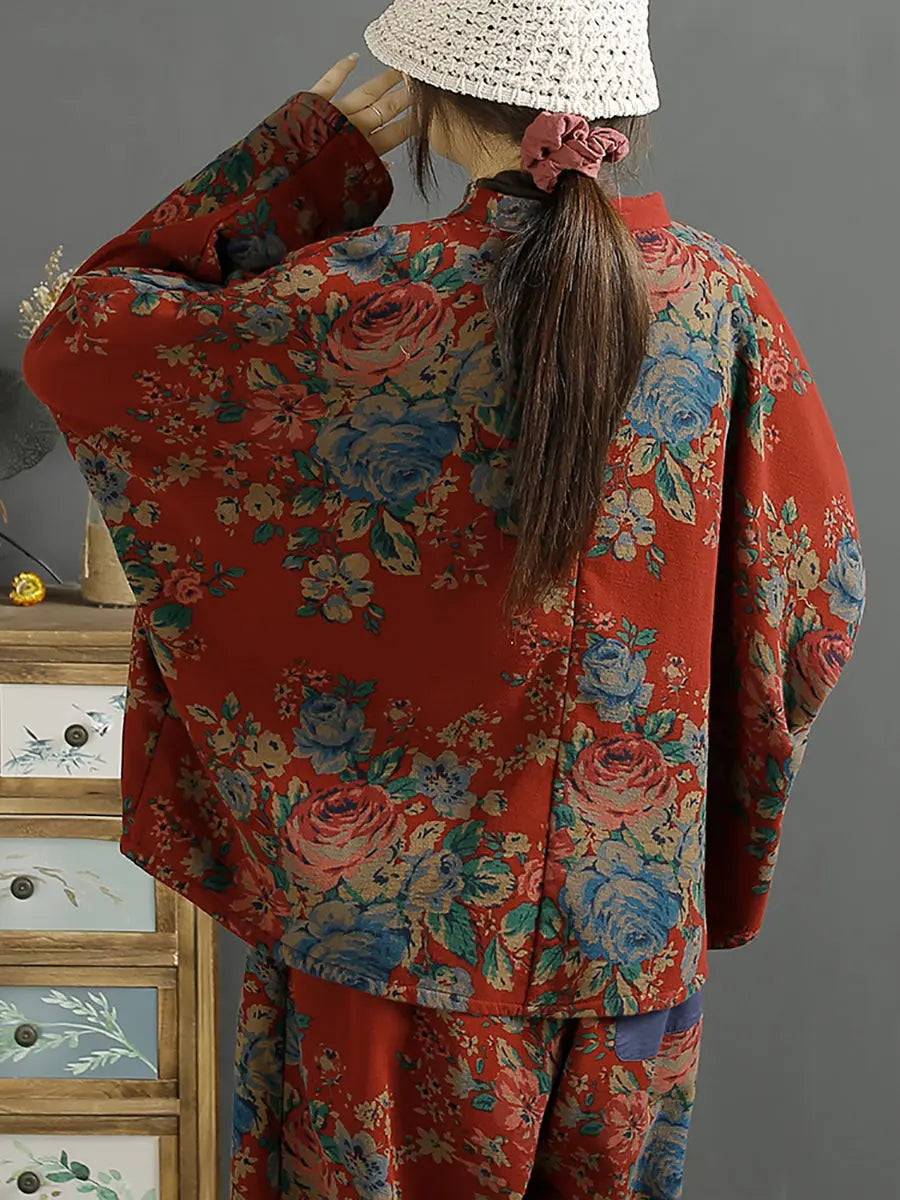 Plus Size Women Ethnic Flower Loose Slanted Shirt Ada Fashion