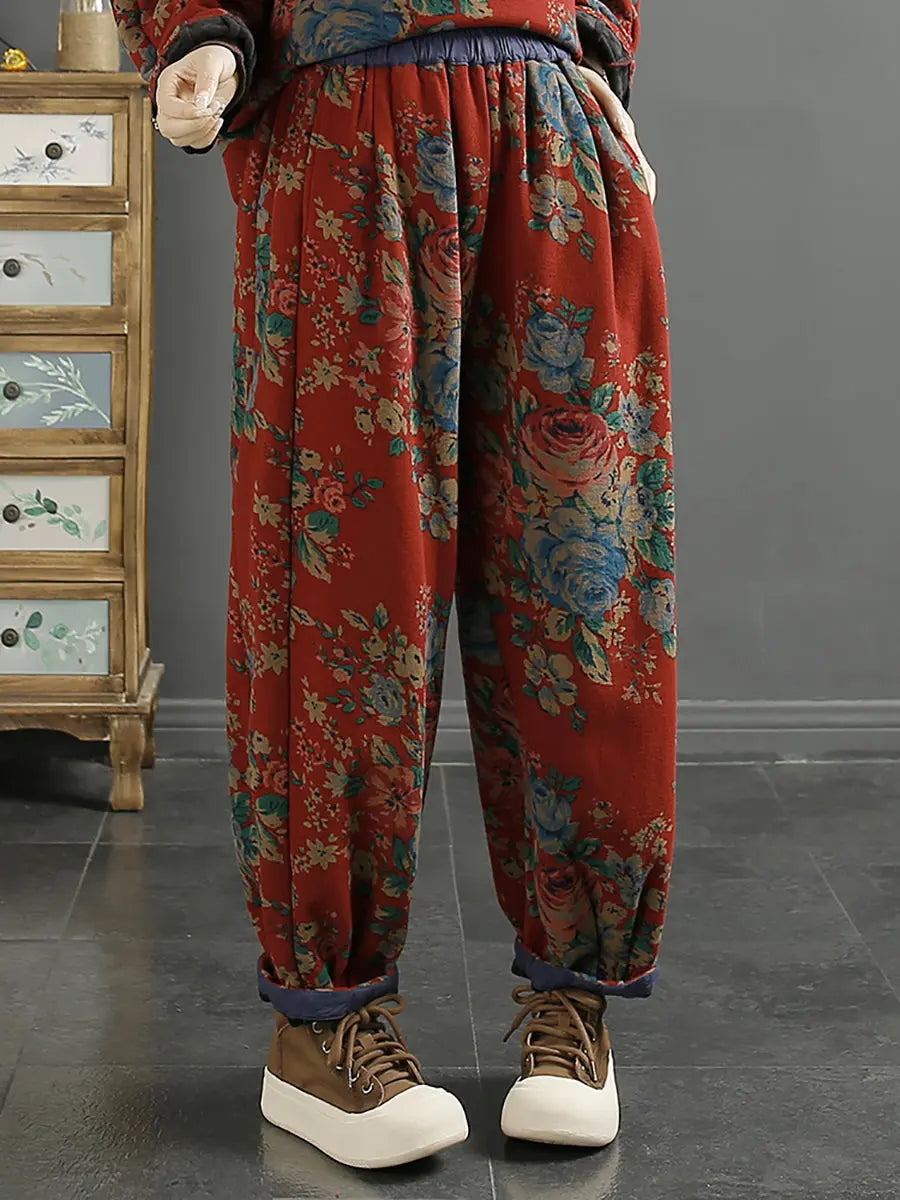 Plus Size Women Retro Floral Winter Warm Harem Pants Ada Fashion