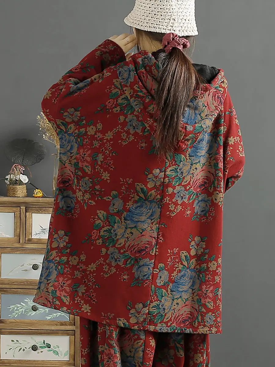 Plus Size Women Vintage Floral Autumn Warm Hooded Shirt Ada Fashion