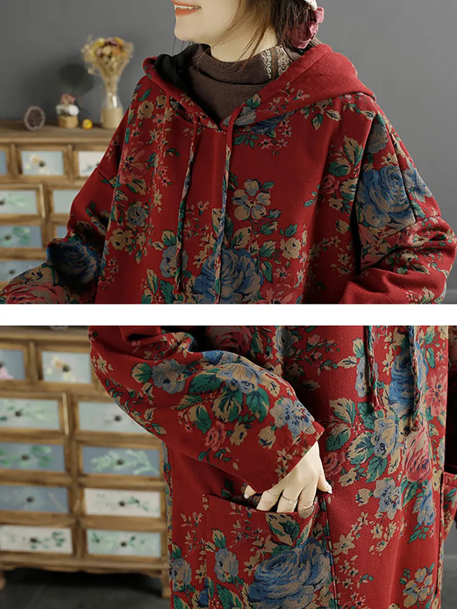Plus Size Women Vintage Floral Autumn Warm Hooded Shirt Ada Fashion