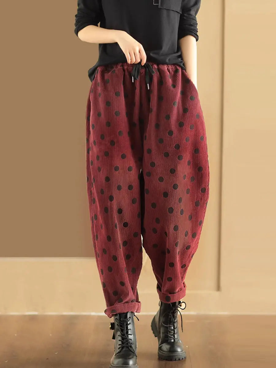 Plus Size Women Vitnage Dot Croduroy Harem Pants Ada Fashion