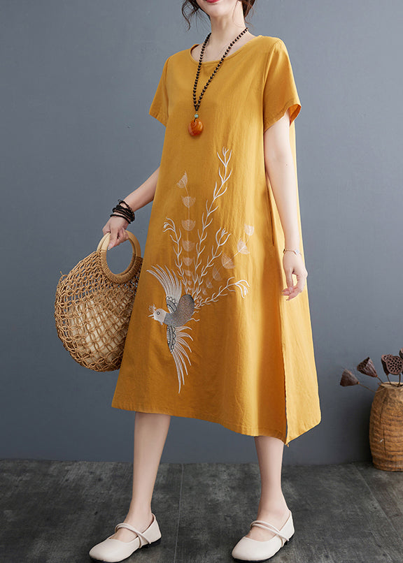 Embroidered Linen Dress Line Size A Plus Summer Yellow
