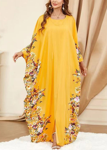 Robe en coton jaune grande taille à col rond et imprimé sur le devant ouvert Printemps AA1057