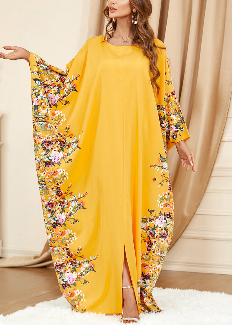 Robe en coton jaune grande taille à col rond et imprimé sur le devant ouvert Printemps AA1057