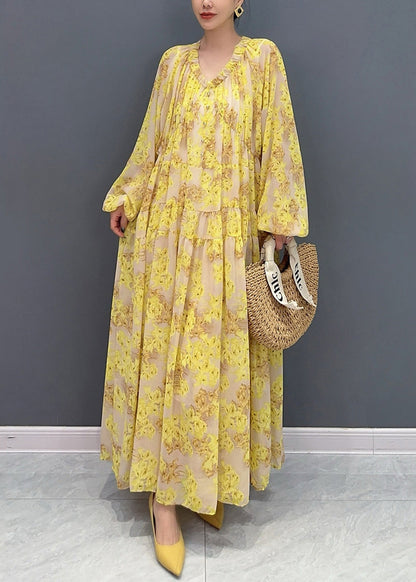 Plus Size Yellow V Neck Ruffled Print Chiffon Long Dresses Fall AY1015