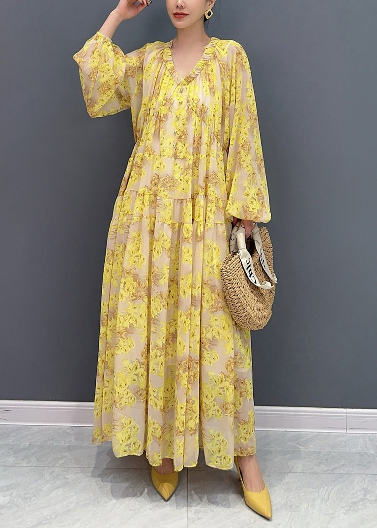 Plus Size Yellow V Neck Ruffled Print Chiffon Long Dresses Fall AY1015