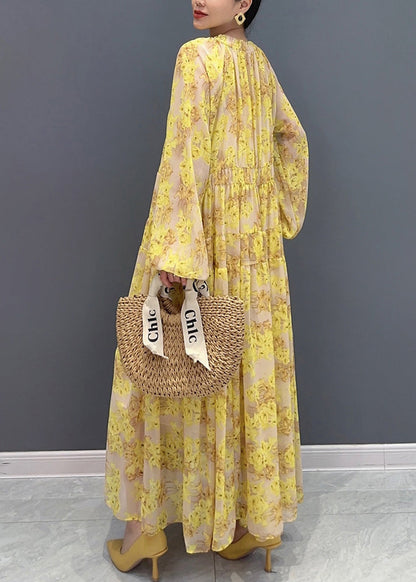 Plus Size Yellow V Neck Ruffled Print Chiffon Long Dresses Fall AY1015