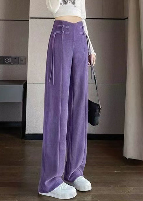 Purple Button Solid Corduroy Pants Elastic Waist Spring RZ011