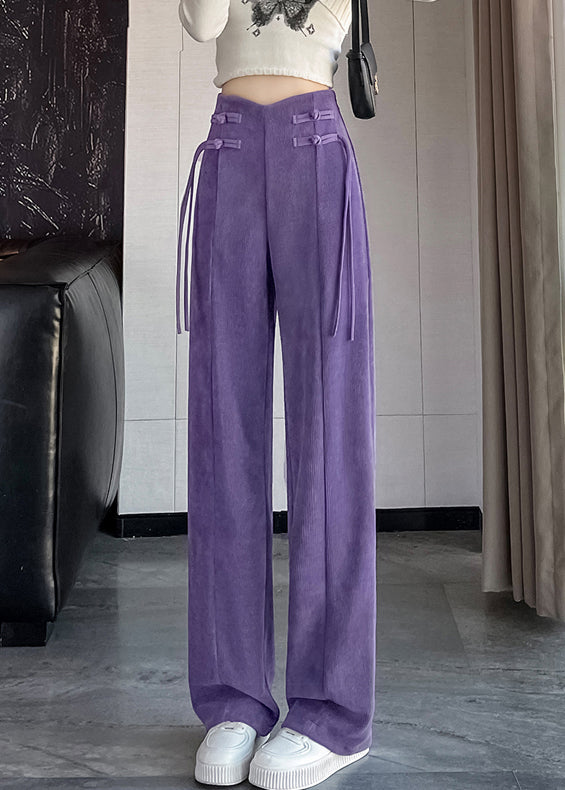 Purple Button Solid Corduroy Pants Elastic Waist Spring RZ011