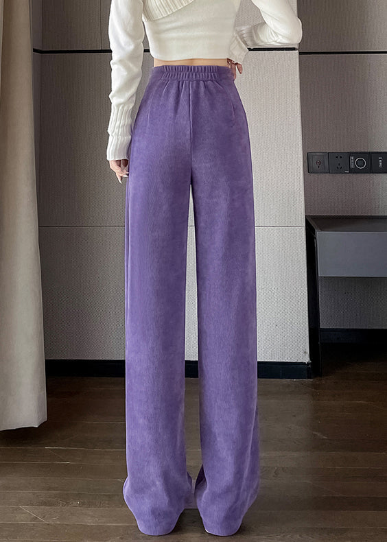 Purple Button Solid Corduroy Pants Elastic Waist Spring RZ011