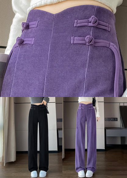 Purple Button Solid Corduroy Pants Elastic Waist Spring RZ011