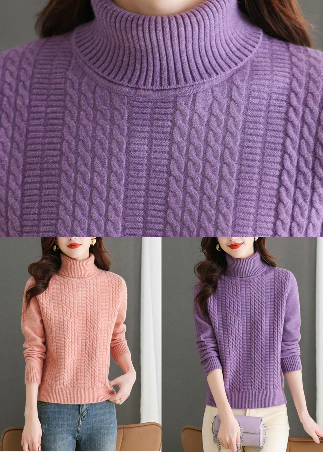 Purple Cozy Thick Knit Sweaters Turtleneck Winter WL011