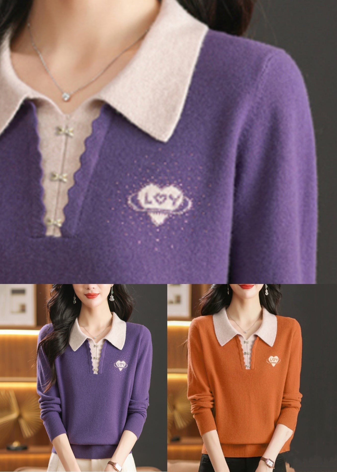 Purple False Two Pieces Wool Knit Sweaters Peter Pan Collar Winter WL007