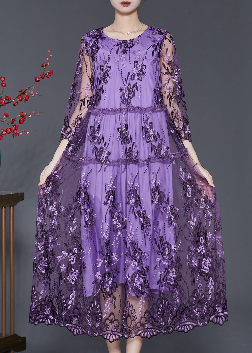 Robe d'été en tulle ajouré violet brodé SD1096