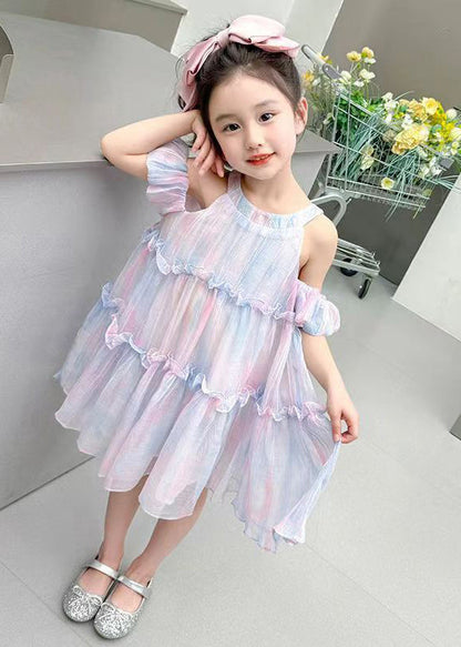 Purple Lace Up Chiffon Summer Kids Girls Dresses Ruffled EW063